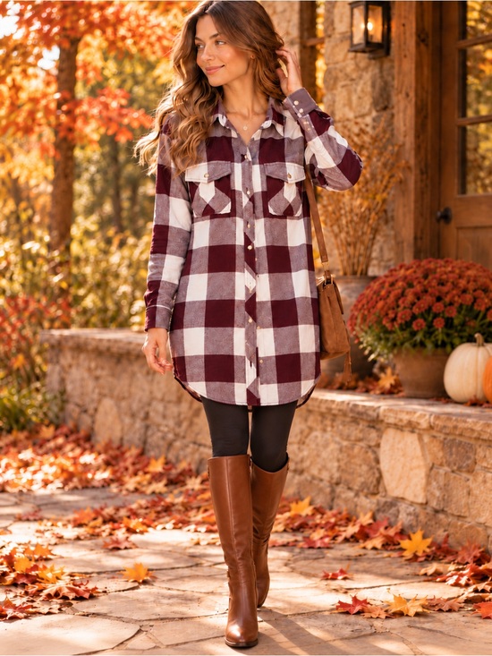 Aritzia Tops - Wilfred Free  Aritzia XS Plaid Shirt Dress Burgundy Cream Long Flannel